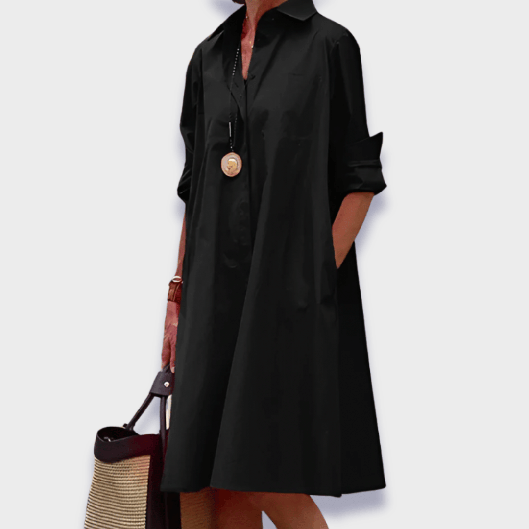 Relaxed Button-Up Shirt Dress for Women with Flowy Silhouette and Pockets