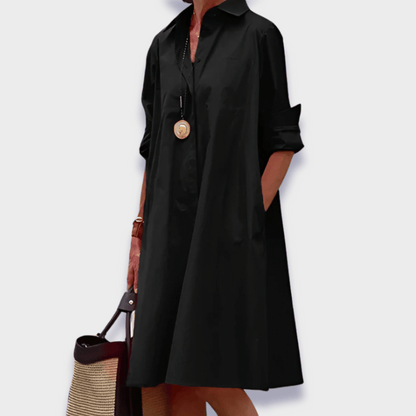 Relaxed Button-Up Shirt Dress for Women with Flowy Silhouette and Pockets
