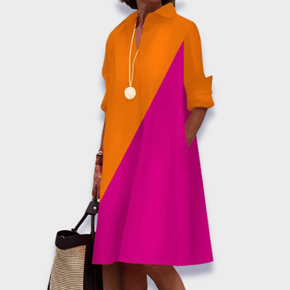 Relaxed Button-Up Shirt Dress for Women with Flowy Silhouette and Pockets