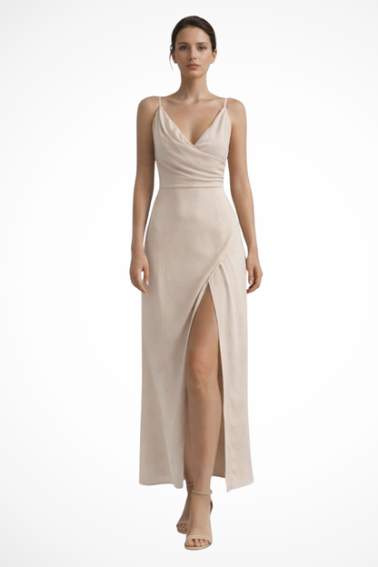 Elegant Women's Wedding Guest Slit Maxi Dress with Draped Bodice