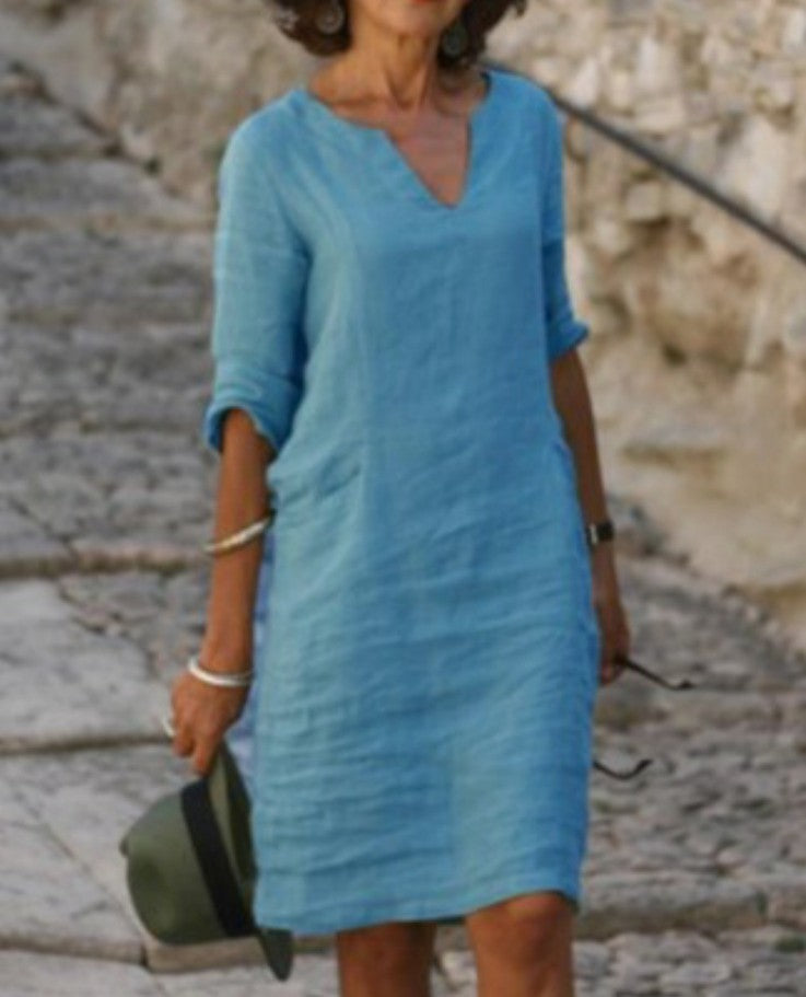 Casual V-Neck Linen-Style Midi Dress for Women