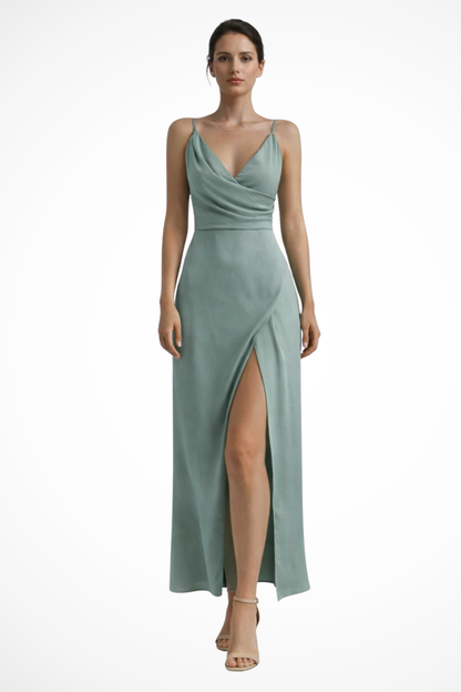 Women’s Sleeveless Maxi Dress with Draped Neckline and Side Slit