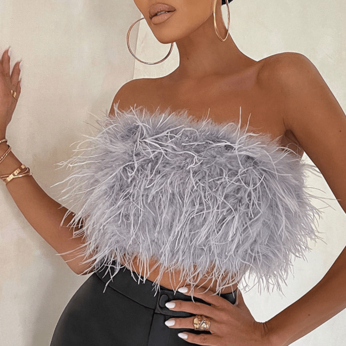 Glamorous Feather Strapless Party Top for Women