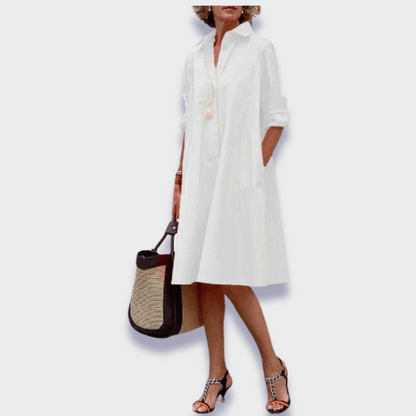 Relaxed Button-Up Shirt Dress for Women with Flowy Silhouette and Pockets