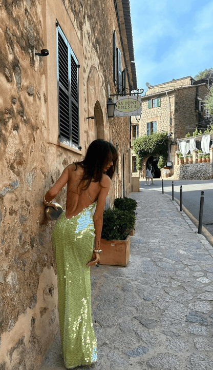 Women’s Sequin Backless Maxi Dress with Spaghetti Straps