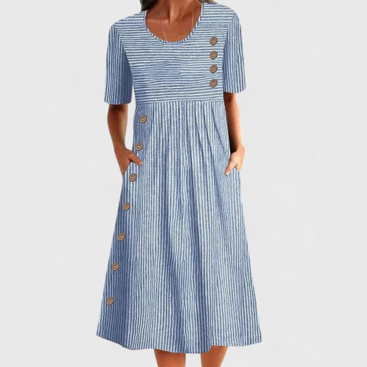 Striped Midi Dress Women Button Detail Casual Style