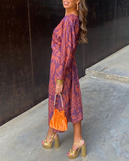 Women’s Printed V-Neck Midi Dress with Twist Front Detail