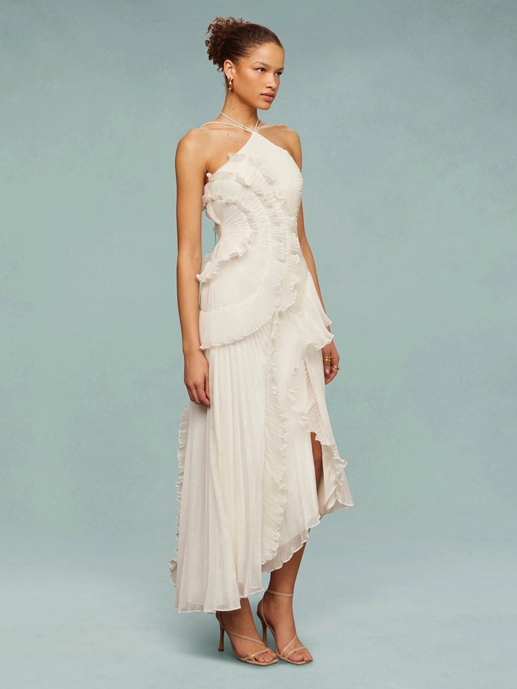 Women’s One-Shoulder Ruffle Maxi Dress with Pleated Details
