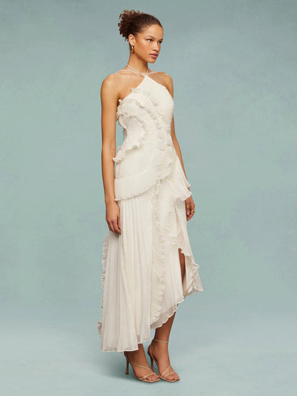 Women’s One-Shoulder Ruffle Maxi Dress with Pleated Details