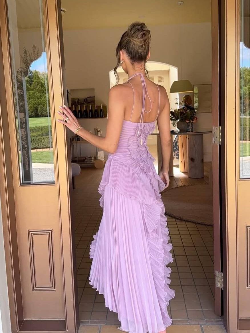 Women’s One-Shoulder Ruffle Maxi Dress with Pleated Details