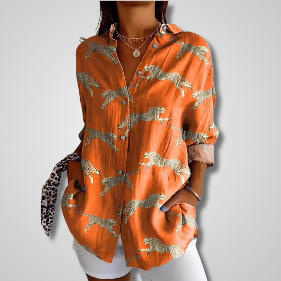 Women’s Artistic Print Button-Up Blouse with Bohemian Style