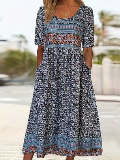 Women's Boho Print Square Neck Shirred Midi Dress