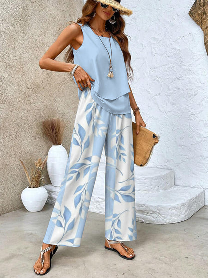 Women's Sleeveless Top and Wide-Leg Printed Pants Set