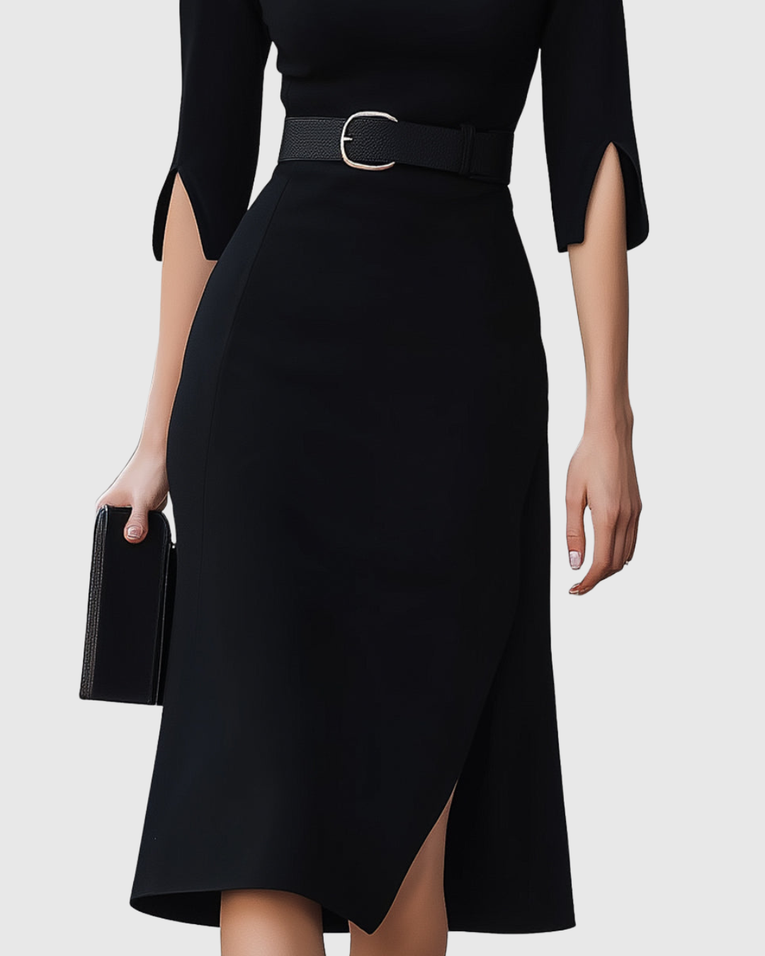 Black Midi Dress with Belt Short Sleeve for Women