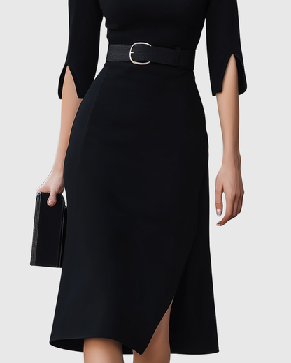 Black Midi Dress with Belt Short Sleeve for Women