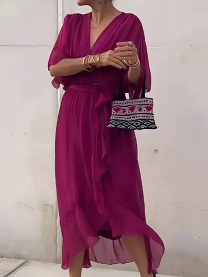 Flowy V-Neck Belted Maxi Dress for Women