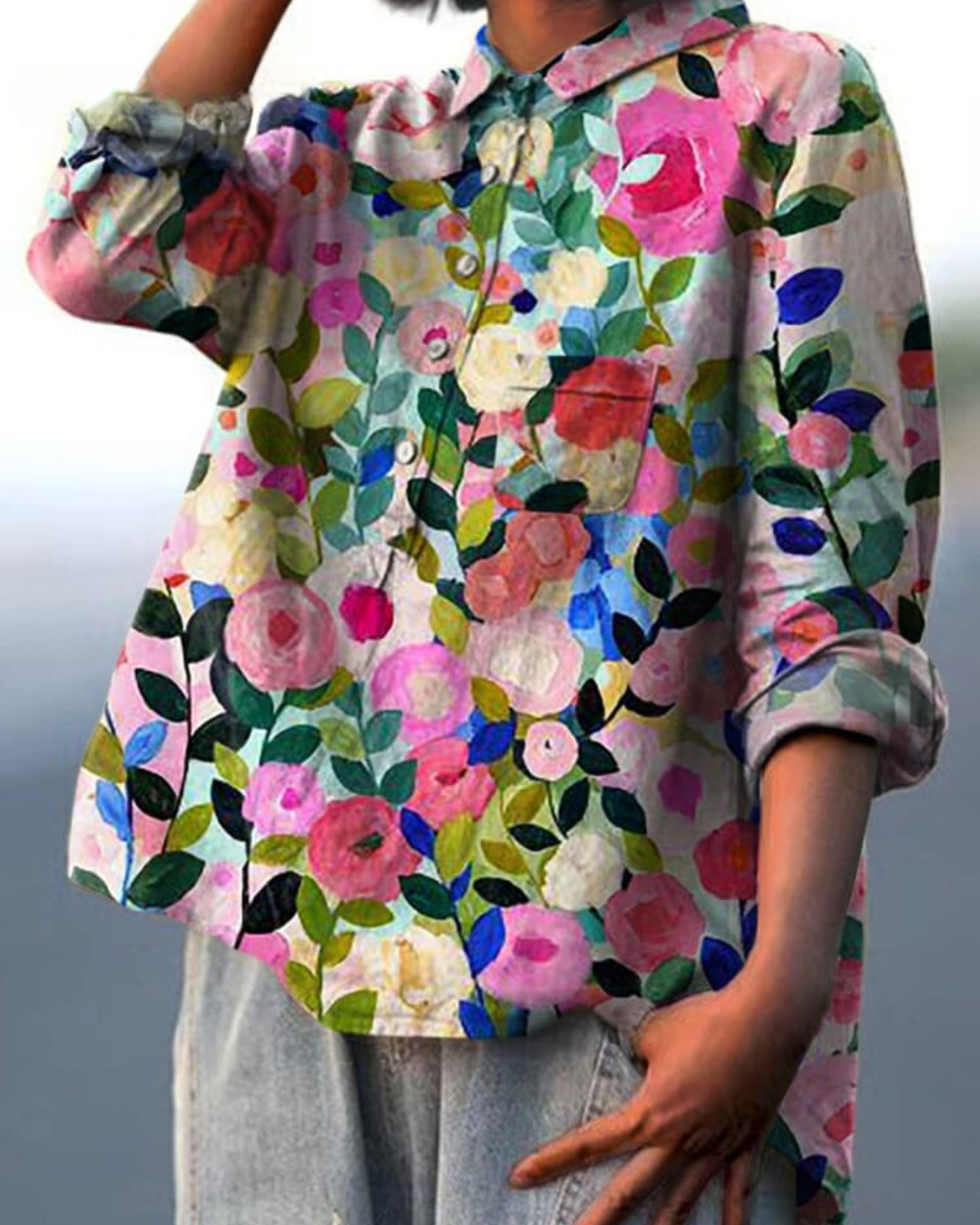 Women's Abstract Floral Long Sleeve Button-Front Blouse