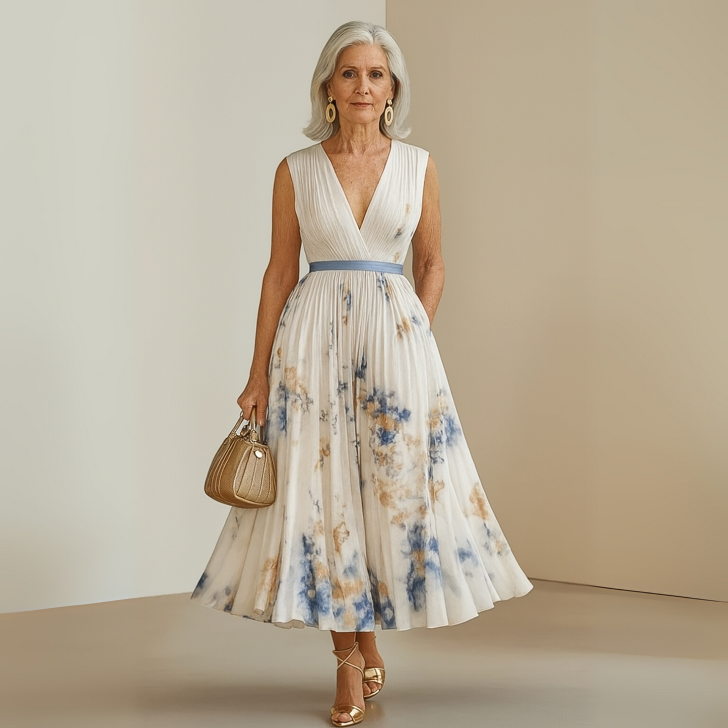 Women's Pleated V-Neck Sleeveless Maxi Dress