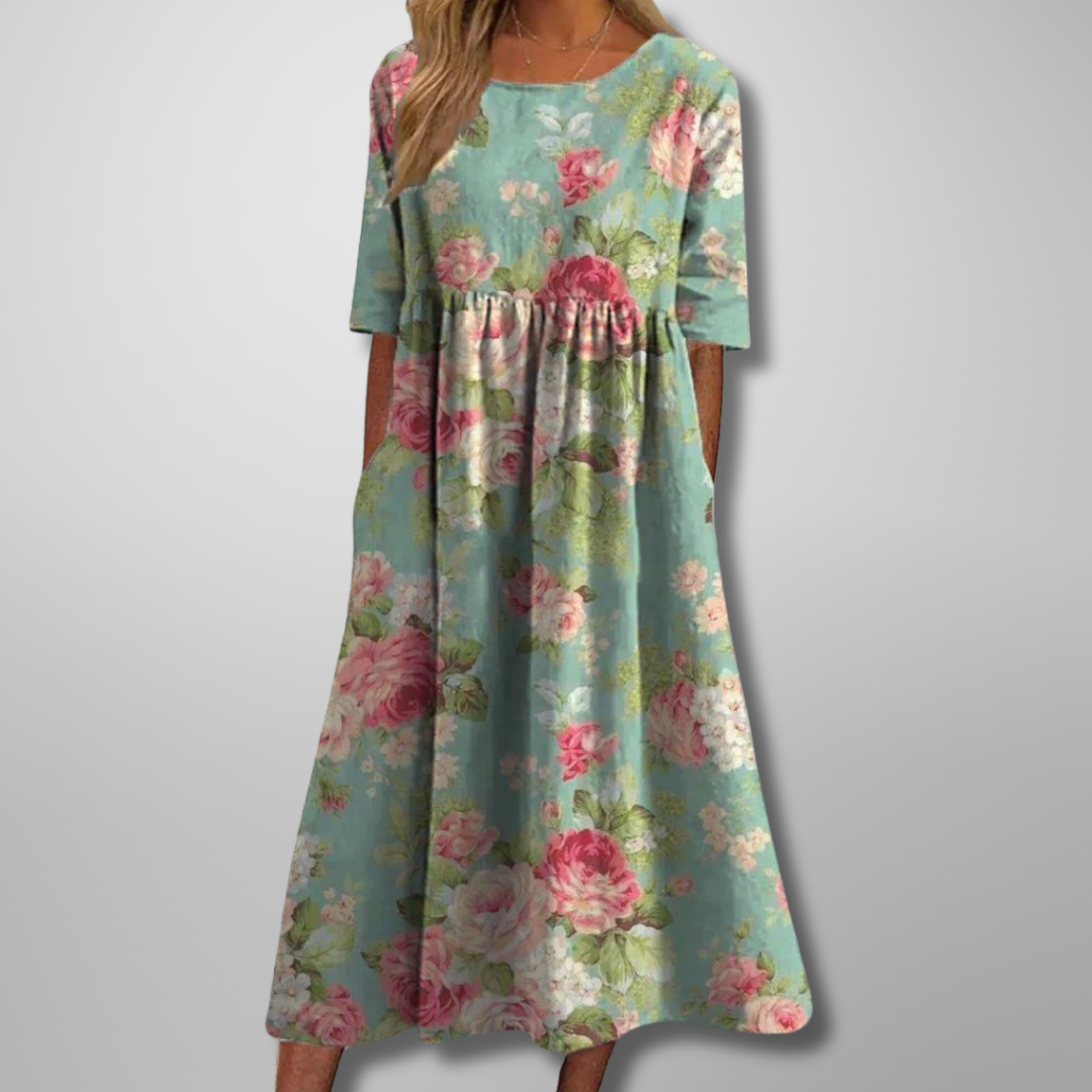 Women's Botanical Print Round Neck Loose Midi Dress