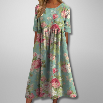 Women's Botanical Print Round Neck Loose Midi Dress