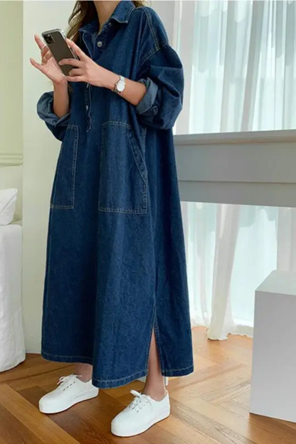 Women’s Oversized Denim Maxi Shirt Dress with Pockets