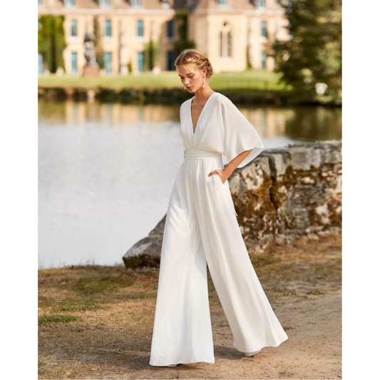 Elegant V-Neck Wide Leg Jumpsuit Flowy Formal One-Piece