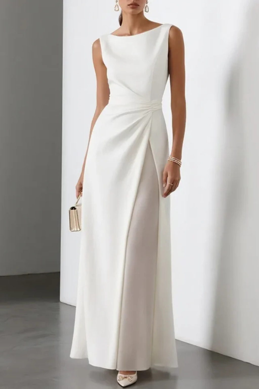 Women’s Sleeveless Draped Maxi Dress with High Slit