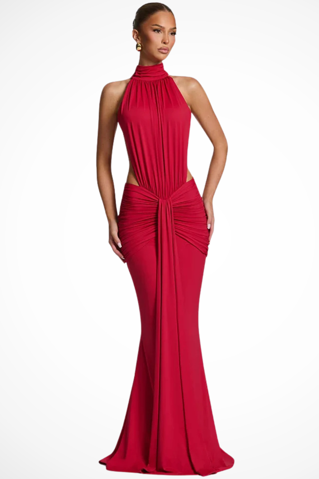 Women’s Backless Halter Mermaid Evening Dress with Ruched Waist Detail