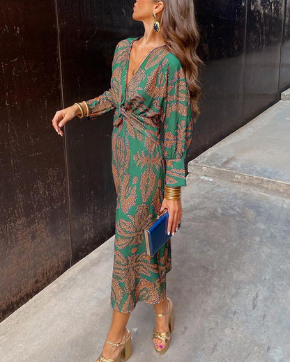 Women’s Printed V-Neck Midi Dress with Twist Front Detail