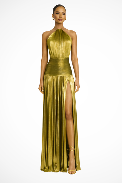 Elegant Halter Neck Satin Wedding Guest Maxi Dress