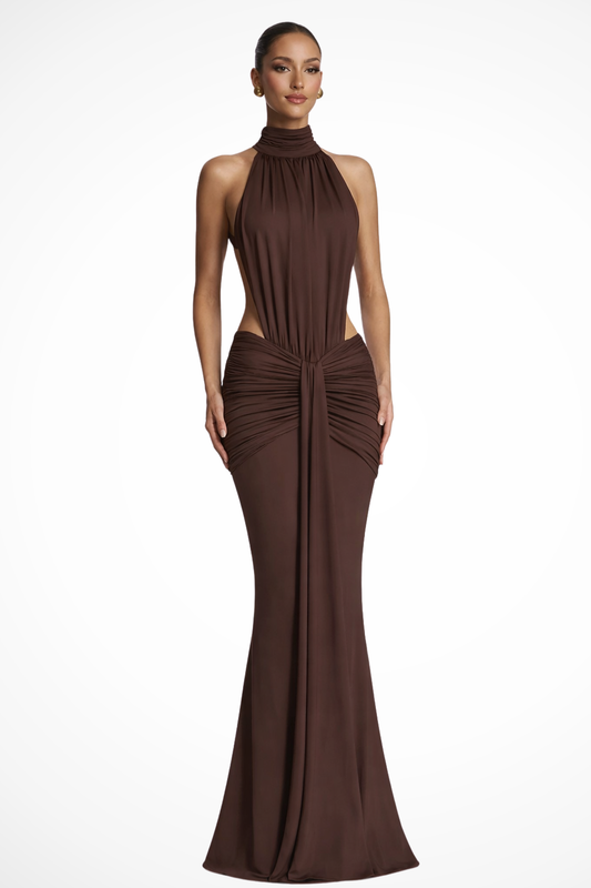 Women’s Backless Halter Neck Ruched Maxi Dress
