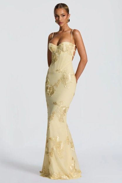 Women’s Elegant Floral Embroidered Strapless Mermaid Evening Gown