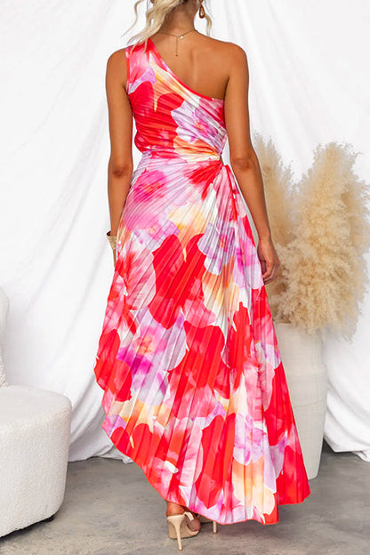 Women’s One-Shoulder Floral Pleated Maxi Dress with Elegant Draping