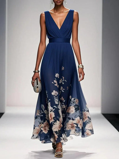 Floral Midi Dress with Deep V Neckline for Women