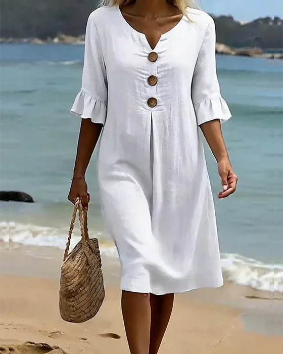 Women’s Button-Front Casual Midi Dress with Ruffle Sleeves
