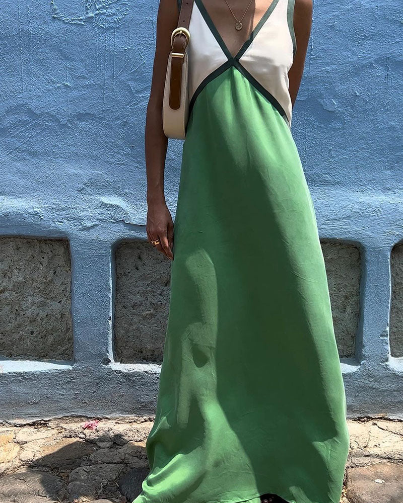 Women’s Contrast Trim Maxi Dress with Deep V-Neckline