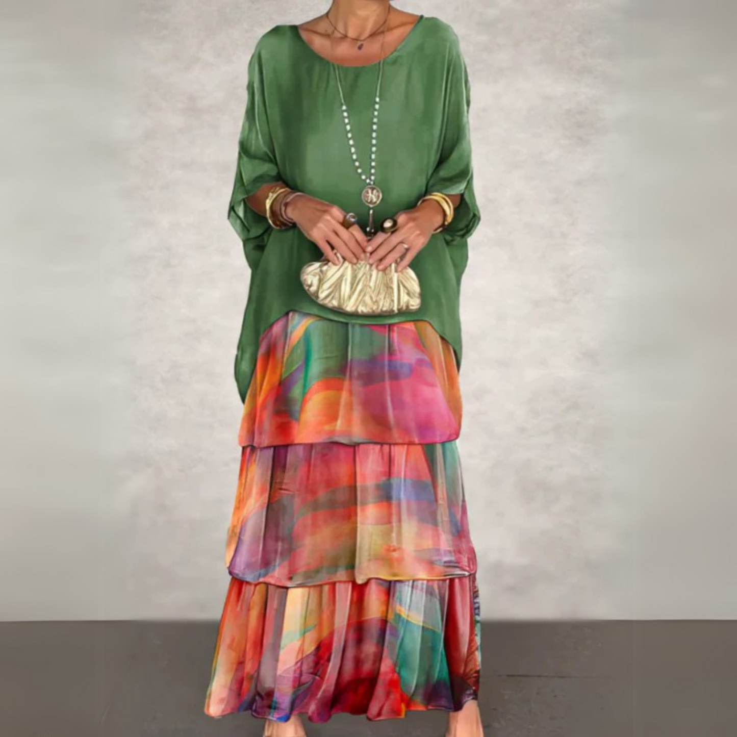 Women’s Boho Layered Maxi Dress Set Flowy Batwing Top & Tiered Skirt Outfit