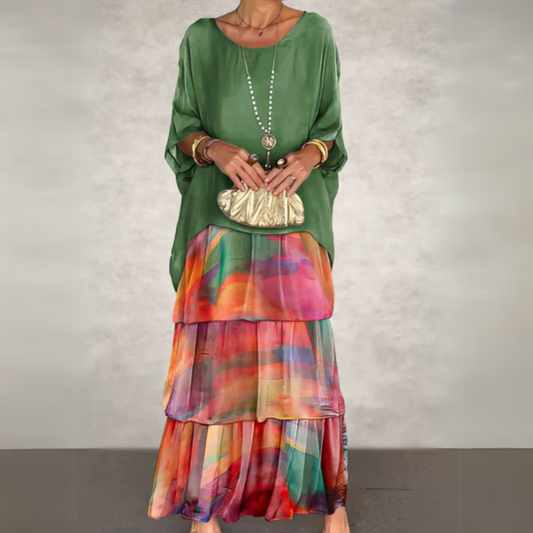 Women’s Boho Layered Maxi Dress Set Flowy Batwing Top & Tiered Skirt Outfit