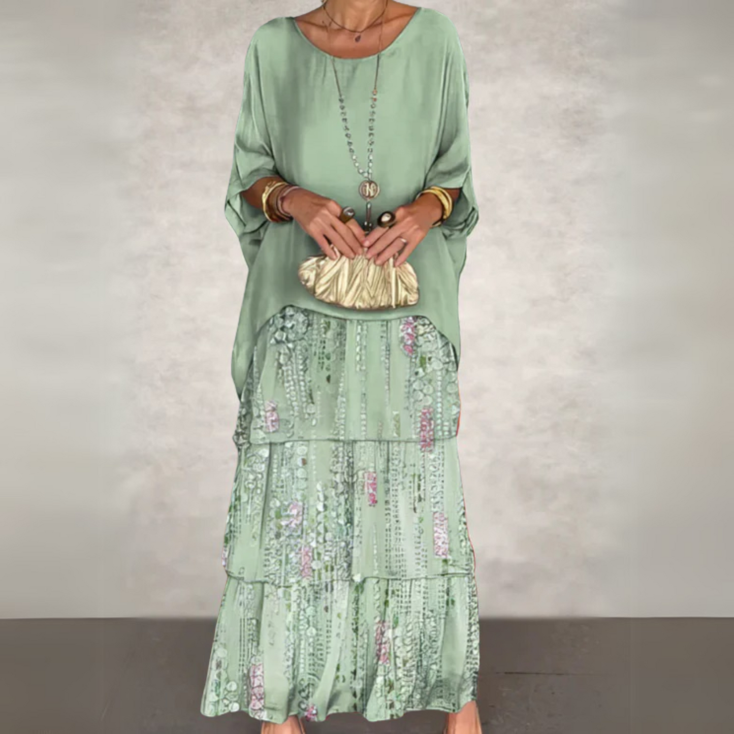 Women’s Boho Layered Maxi Dress Set Flowy Batwing Top & Tiered Skirt Outfit