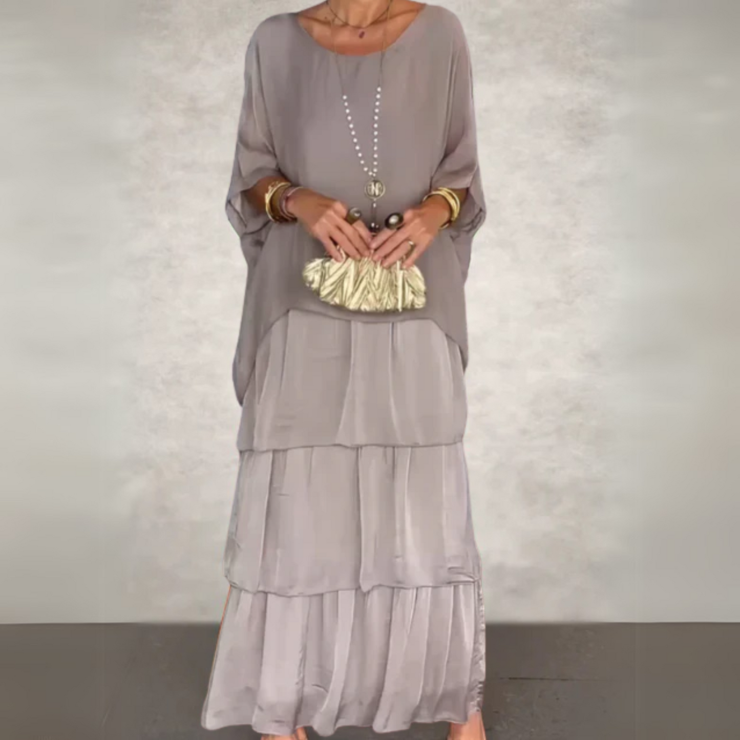 Women’s Boho Layered Maxi Dress Set Flowy Batwing Top & Tiered Skirt Outfit