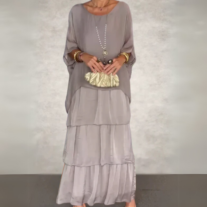 Women’s Boho Layered Maxi Dress Set Flowy Batwing Top & Tiered Skirt Outfit