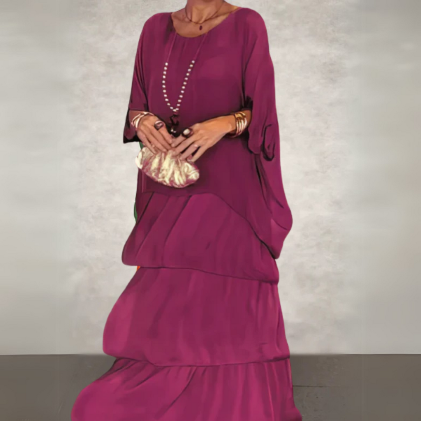 Women’s Boho Layered Maxi Dress Set Flowy Batwing Top & Tiered Skirt Outfit