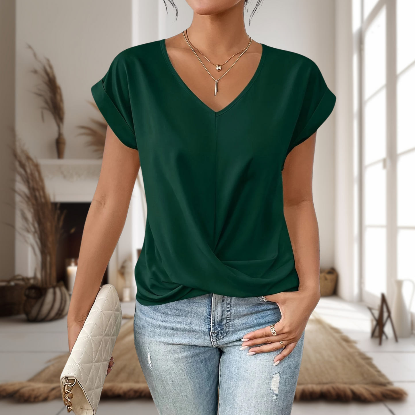 Casual V-Neck Top Women Short Sleeve Loose Fit
