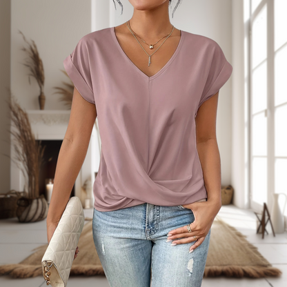 Casual V-Neck Top Women Short Sleeve Loose Fit
