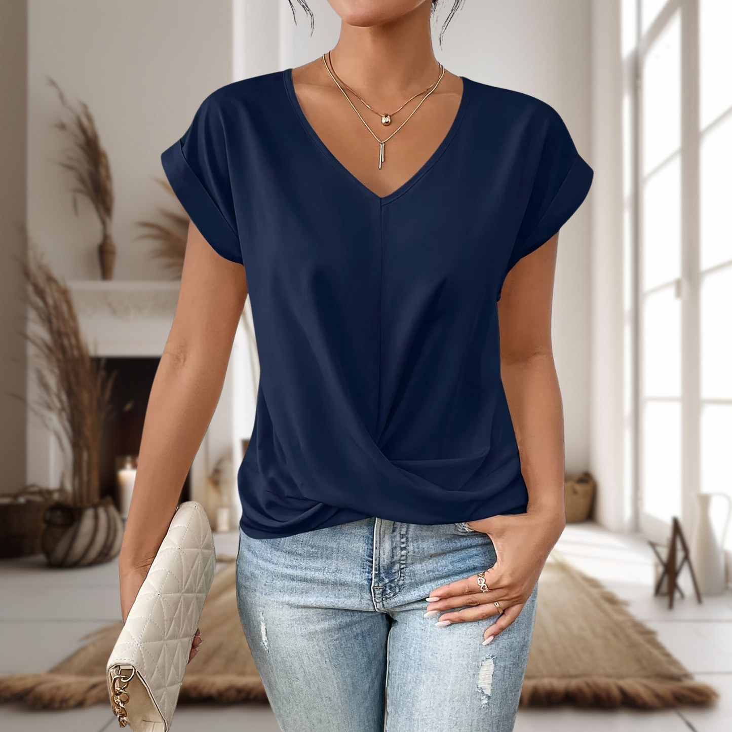 Casual V-Neck Top Women Short Sleeve Loose Fit