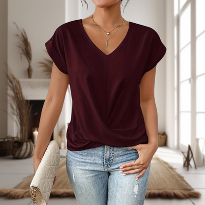 Casual V-Neck Top Women Short Sleeve Loose Fit