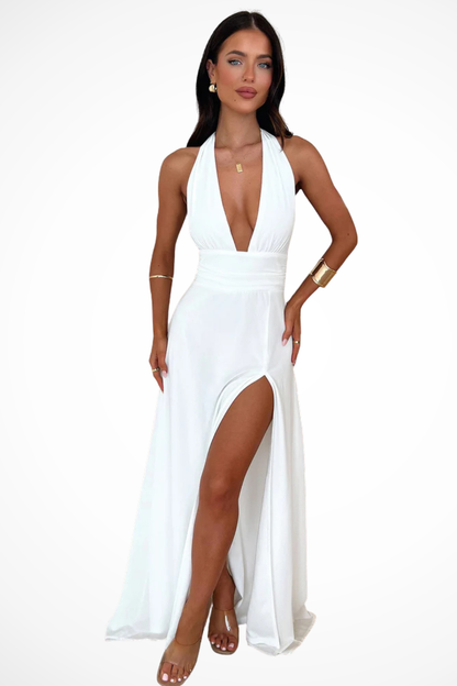 Elegant Women's Halter Neck Maxi Dress with Side Slit