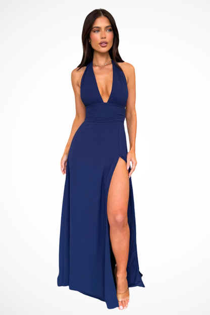 Elegant Women's Halter Neck Maxi Dress with Side Slit