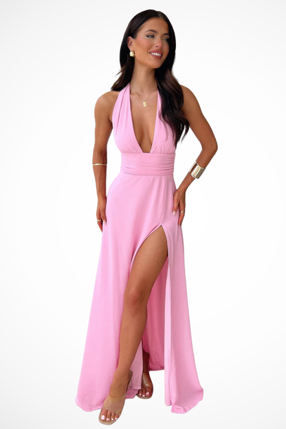 Elegant Women's Halter Neck Maxi Dress with Side Slit