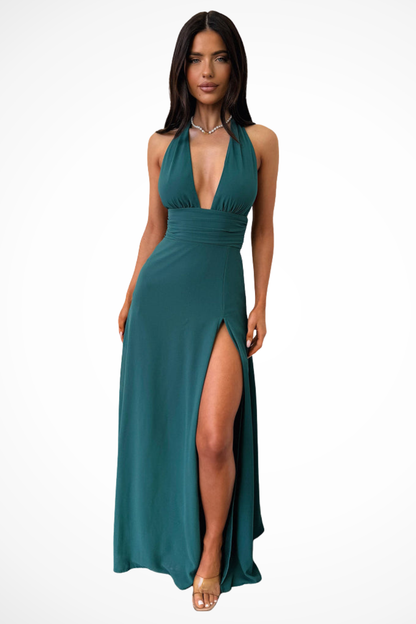 Elegant Women's Halter Neck Maxi Dress with Side Slit